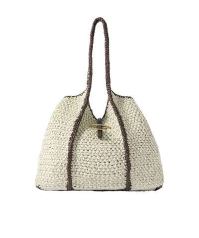 Tod's T Timeless Large Leather-trimmed Crocheted Raffia Tote In Neutral