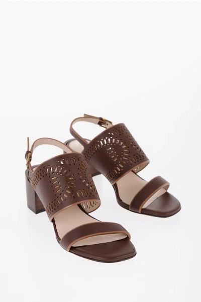 Tod's Laser Cut Leather Sandals With Wooden Heel 5,5cm