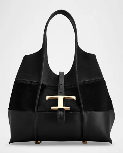 Tod's Leather & Calf Hair Shopper Tote Bag In Black