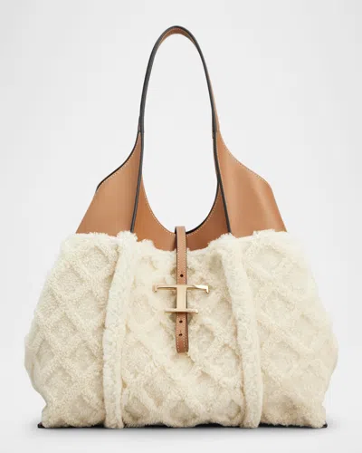 Tod's Leather & Faux Fur Shopping Tote Bag In Bianco Calce Kenia