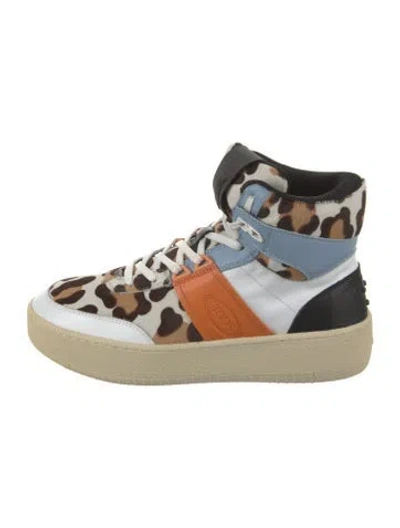 Pre-owned Tod's Leather Animal Print Sneakers In White