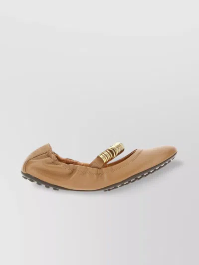 Tod's Leather Ballerinas With Elasticated Trim And Rubber Sole In Cappuccino