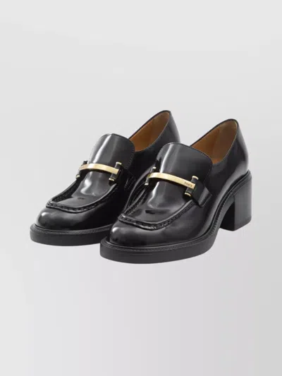 Tod's Leather Block Heel Loafer With Metal Detail