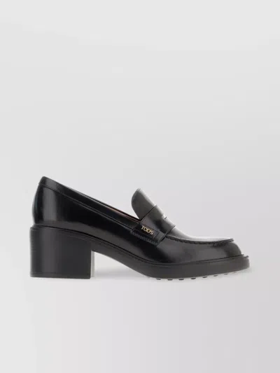 TOD'S LEATHER BLOCK HEEL LOAFERS WITH ROUND TOE