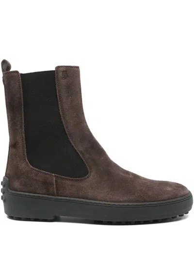 Tod's Suede Ankle Boots Featuring Elastic Panels In Brown
