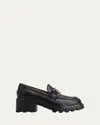 Tod's Semi-shiny Leather Heeled Loafers With Metal Chain Shoes In Black