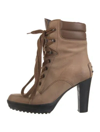 Pre-owned Tod's Leather Colorblock Pattern Combat Boots In Brown