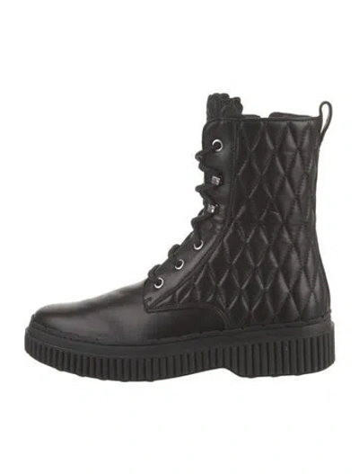 Pre-owned Tod's Leather Floral Print Combat Boots In Black