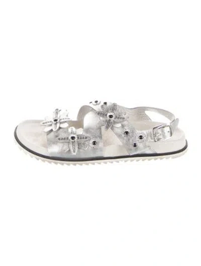 Pre-owned Tod's Leather Floral Print Sandals In Metallic/silver