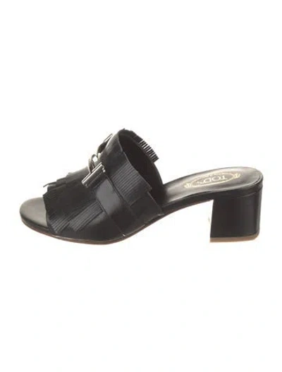 Pre-owned Tod's Leather Fringe Trim Accent Slides In Black
