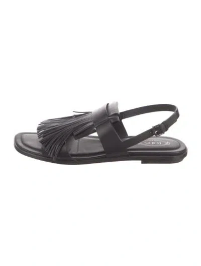 Pre-owned Tod's Leather Fringe Trim Accent Slingback Sandals In Black