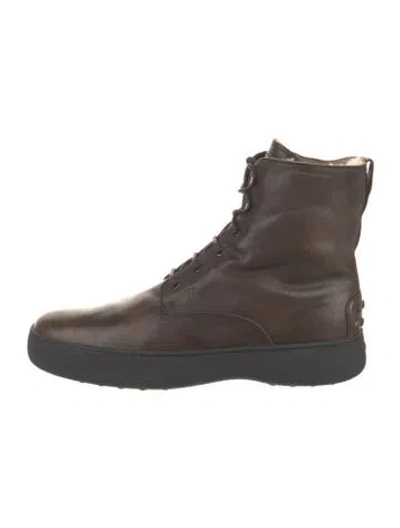 Pre-owned Tod's Leather Fur Trim Combat Boots In Brown