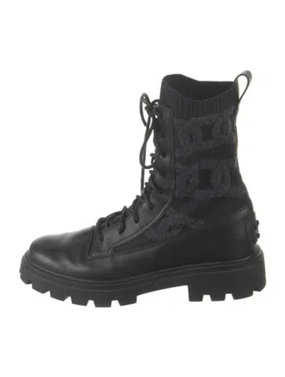 Pre-owned Tod's Leather Graphic Print Combat Boots In Black