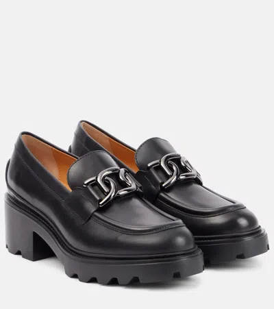 Tod's Semi-shiny Leather Heeled Loafers With Metal Chain Shoes In Black