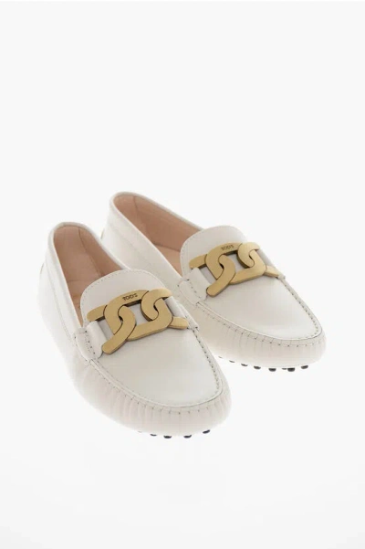 Tod's Leather Loafers With Gold-toned Chain In White
