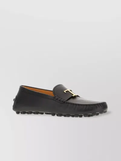 Tod's Leather Loafers With Metal Logo Plate In Black