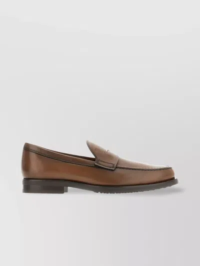 Tod's Leather Loafers With Round Toe And Rubber Sole In Brown
