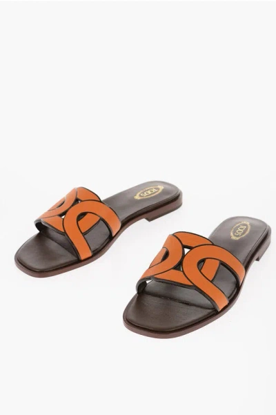 Tod's Leather Maxi Chain Sliders With Cuir Sole In Orange