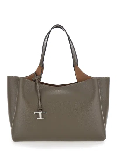 Tod's Tod`s Leather Medium Handbag With T Metal Pendant, 41x26x19 Cm In Grey