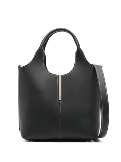 Tod's Leather Mini Shopping Tote Bag With Branded Metal Bar Accessory In Black
