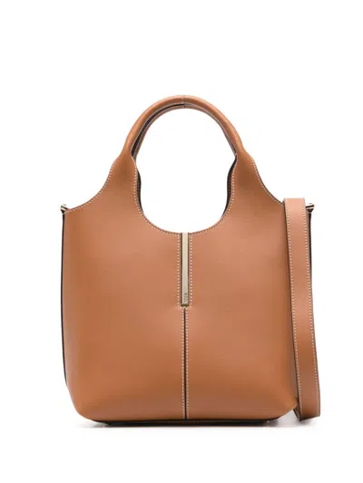 Tod's Leather Mini Shopping Tote Bag With Branded Metal Bar Accessory In Brown