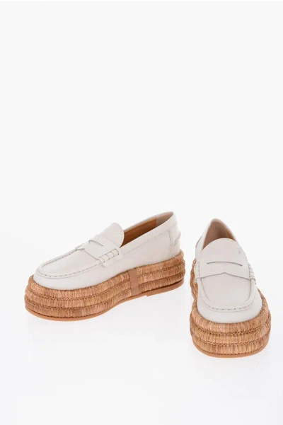 Tod's Leather Penny Loafers With Raffia Sole In White