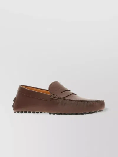 Tod's Leather Penny Strap Loafers Pebble Sole In Brown