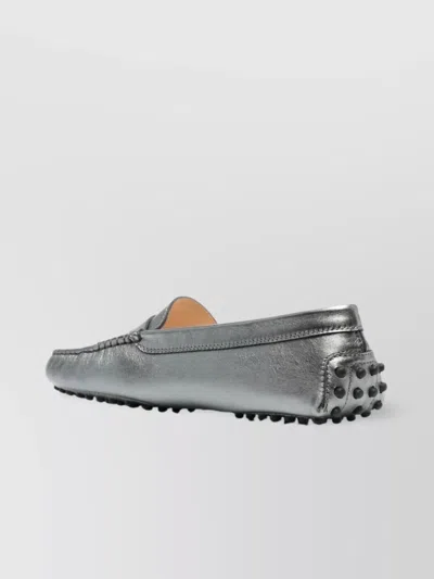 Tod's Leather Penny Strap Loafers With Metallic Finish In Grey