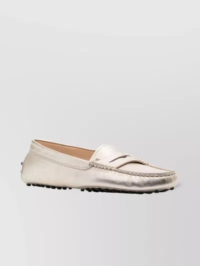 Tod's Leather Penny Strap Loafers With Metallic Finish In Grey