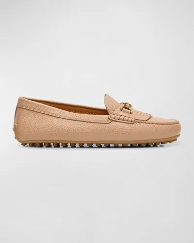 Tod's Leather T-ring Kiltie Driver Loafers In Beige