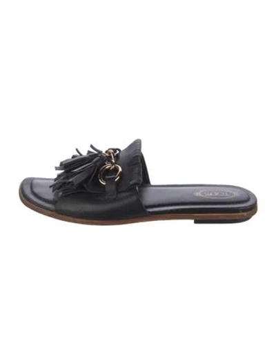 Pre-owned Tod's Leather Tassel Accents Slides In Black