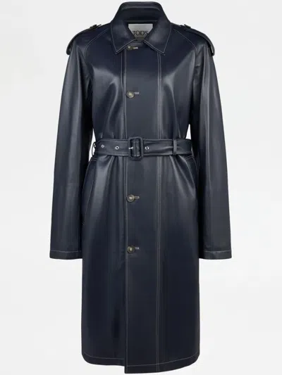 Tod's Trench Coat In Leather In Blue