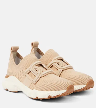 Tod's Leather-trimmed Knit Sneakers In Beige