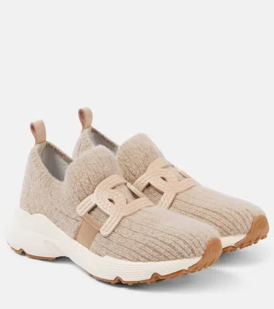 Tod's Leather-trimmed Knit Sneakers In Beige