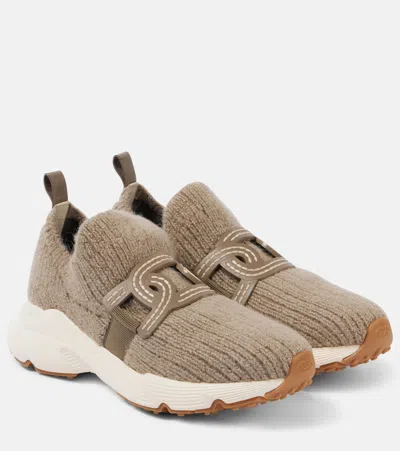 Tod's Leather-trimmed Knit Sneakers In Grey