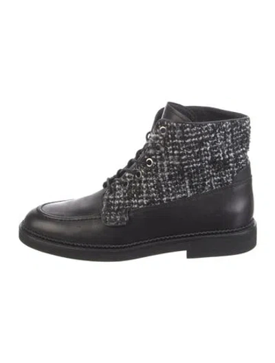 Pre-owned Tod's Leather Tweed Pattern Combat Boots In Black