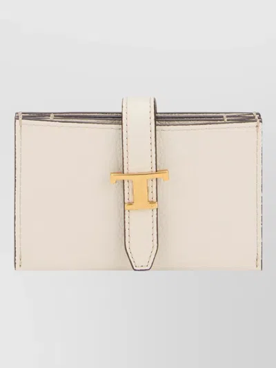 Tod's Leather Wallet Slim Silhouette Contrast Stitching Front Design In White