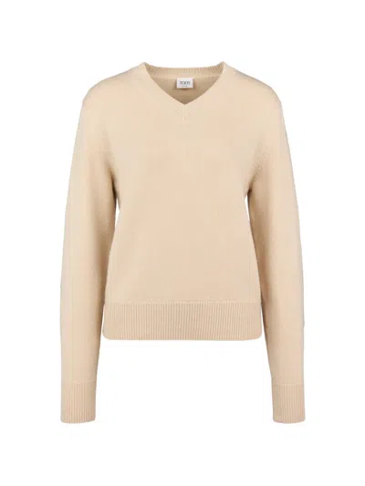 Tod's Leather-patch V-neck Sweater In Neutral
