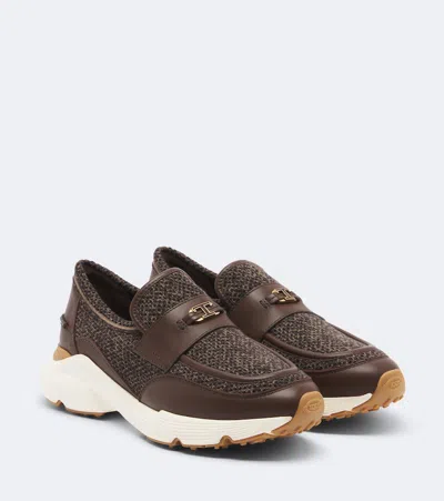 Tod's Leather-trimmed Knitted Slip-on Shoes In Brown