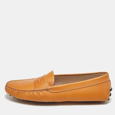 Pre-owned Tod's Light Brown Leather Gommino Bow Slip On Loafers Size 39