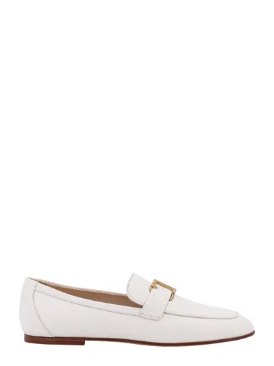 Tod's White Calfskin Moccasin With Gold Bar And Velcro Closure In Multi