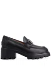 Tod's Semi-shiny Leather Heeled Loafers With Metal Chain Shoes In Black