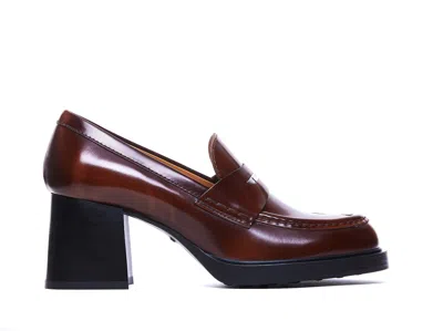 Tod's Block Heel Leather Loafers With Round Toe In Brown