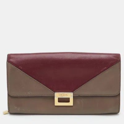 Pre-owned Tod's Logo Beige/red Leather Continental Flap Wallet