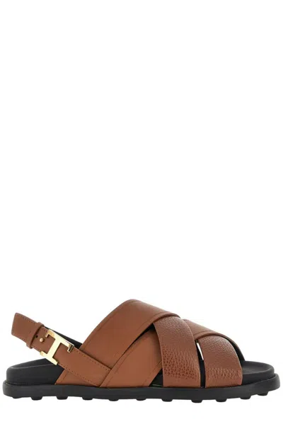 Tod's Logo-buckle Interwoven Strap Sandals In Brown