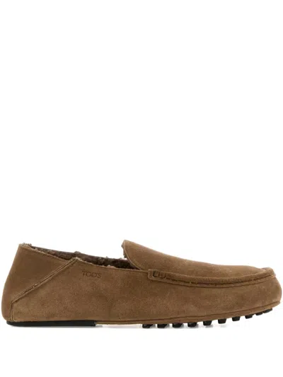 Tod's Suede Loafers With Round Toe And Rubber Sole In Brown