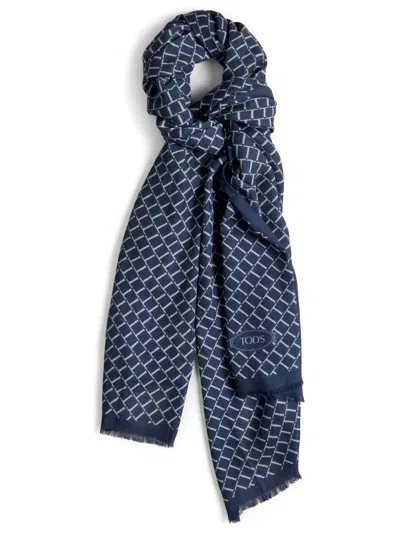 Tod's Logo-jacquard Wool Scarf In Blue