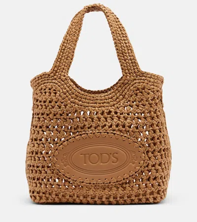 Tod's Logo Leather-trimmed Raffia Tote Bag In Brown