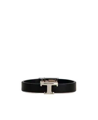 Tod's Logo-plaque Leather Bracelet In Black