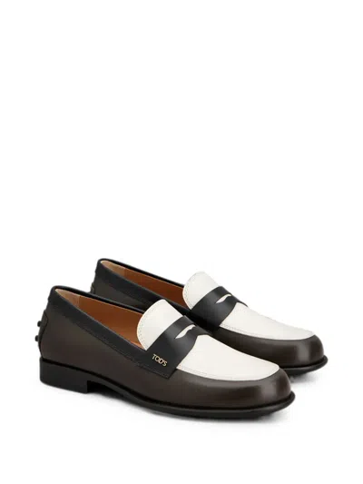 Tod's Brushed Leather Loafers With Strap And Metal Logo In Black